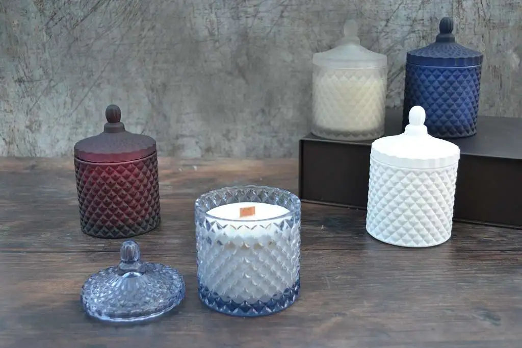 Soy Wax Candles with Wood Wicks  Hand-poured geo cut glass candles combine elegance and functionality