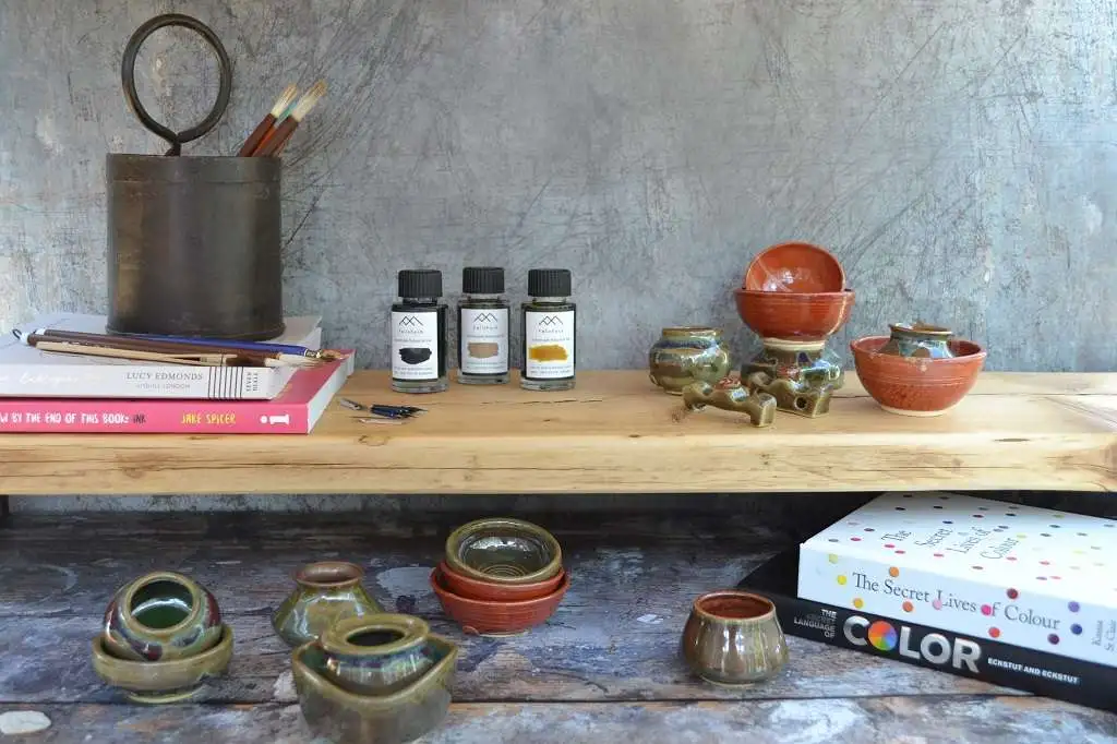 Botanical inks, natural inks and paints, ink wells, water bowls and calligraphy books