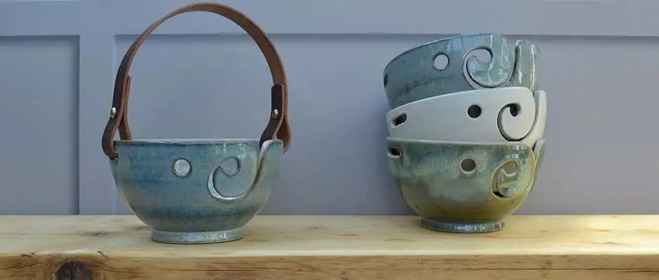 Yarn Bowls - Individually handmade yarn bowls in Stoneware Pottery with our distinctive leather handles